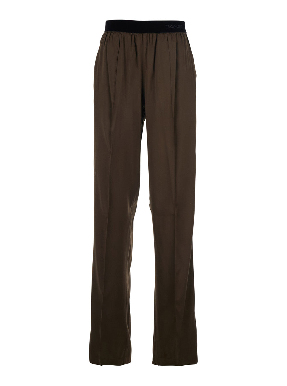 Tom Ford Women Brown Pants With Elastic Waist And Logo Lettering In Stretch Silk For Women