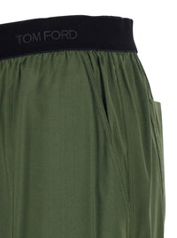 Tom Ford Women Green Elastic Waist Pants With Logo Lettering In Stretch Silk Woman