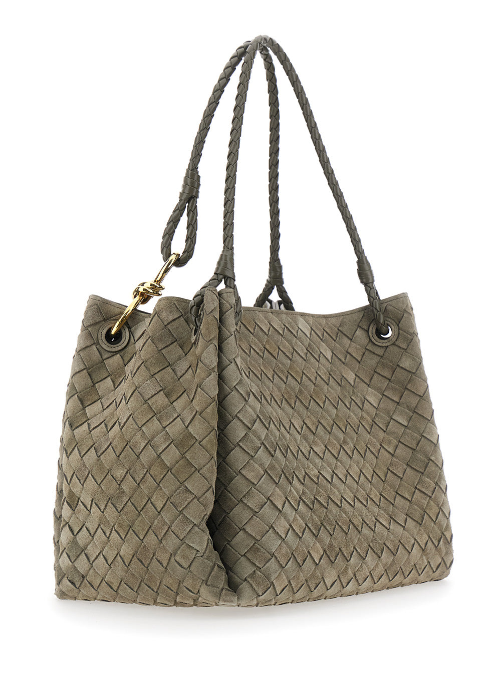 Bottega Veneta Women Shoulder Bag 'Large Parachute' With All-Over Intreccio Motif And Removable Pouch In Green Suede For Women