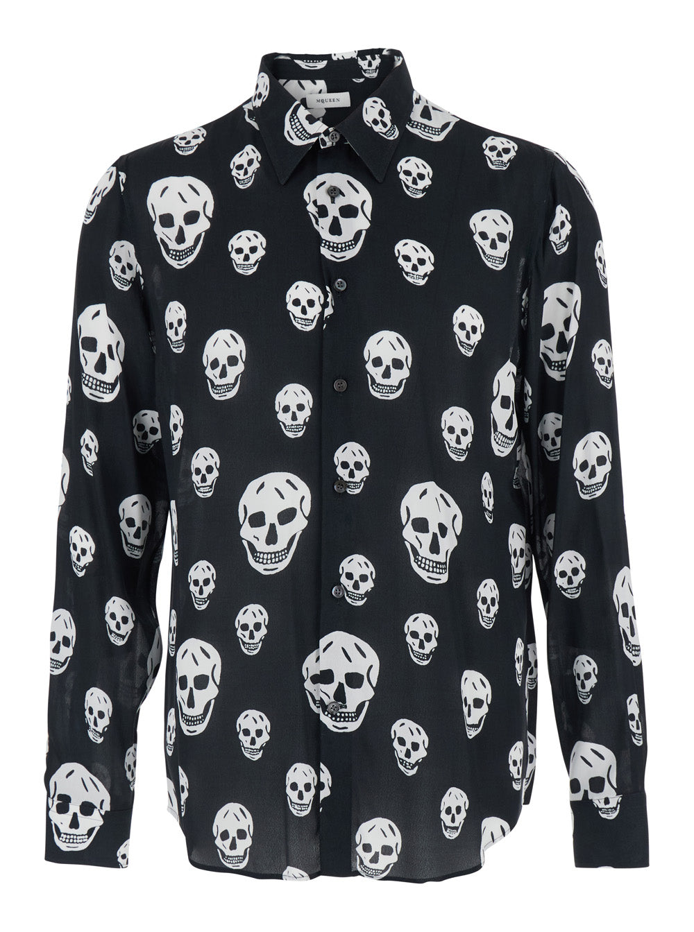 ALEXANDER MCQUEEN Alexander Mcqueen Men Black Pointed Collar Shirt With All-Over Skull Print For Men