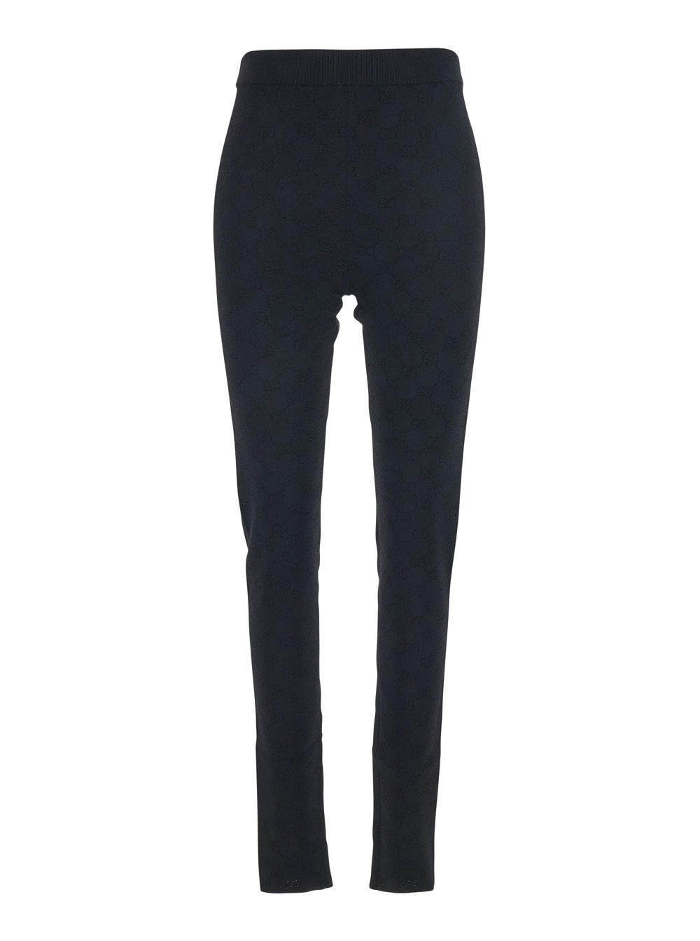 Gucci Women Black Leggings With Ribbed Waist And All-Over Gg Embroidery In Viscose Blend Women