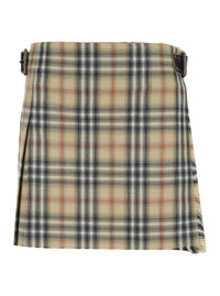 Burberry Women Beige Skirt With Adjustable Belt And All-Over Check Motif In Wool For Women