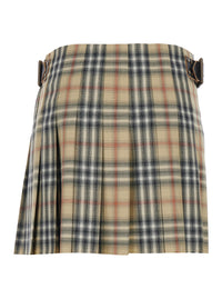 Burberry Women Beige Skirt With Adjustable Belt And All-Over Check Motif In Wool For Women