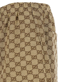 Gucci Men Beige Bermuda Shorts With Elastic Waist And All-Over Gg Motif In Linen Blend Man