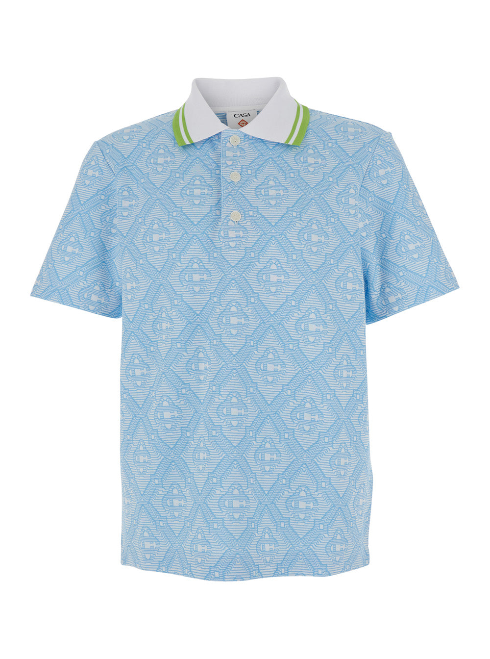 Casablanca Men Light Blue Polo Shirt With Classic Bicolor Collar And All-Over Embroidery In Cotton Blend Man