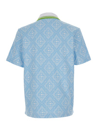Casablanca Men Light Blue Polo Shirt With Classic Bicolor Collar And All-Over Embroidery In Cotton Blend Man