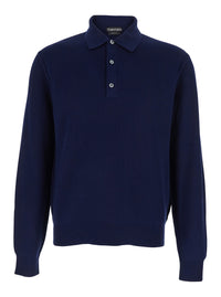Tom Ford Men Blue Polo Shirt With Classic Collar And Front Button Closure In Silk And Cotton Blend For Men