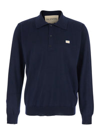 Valentino Men Blue Polo Style Sweater With Vlogo Plaque On The Front In Wool For Men