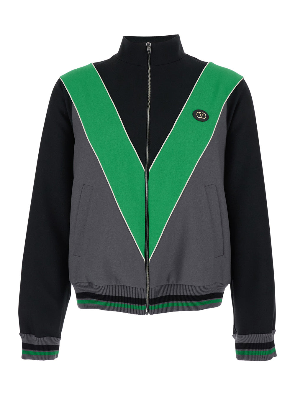Valentino Men High Neck Sweatshirt With V Inlay On The Front In Tech Fabric Black And Green Men