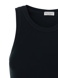 Brunello Cucinelli Women Black Top With Round Neck And Ribbed Design In Cotton Woman