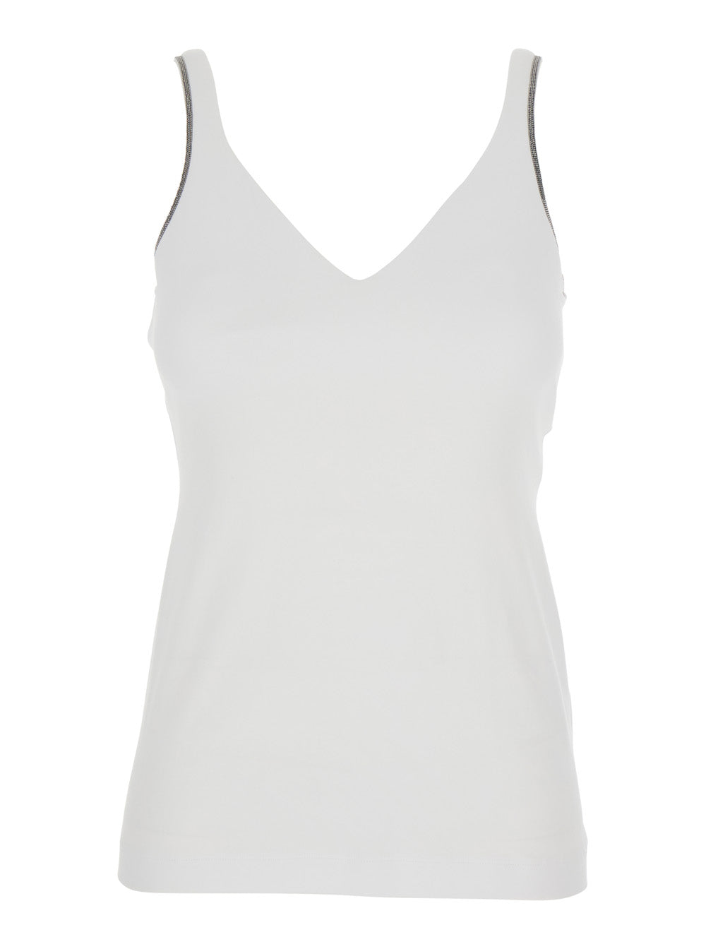 Brunello Cucinelli Women Top With V-Neck And Side Monile Details In White Cotton For Women