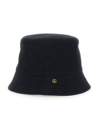 Gucci Women Black Hat With Gg Logo Plate On The Front In Cotton For Women