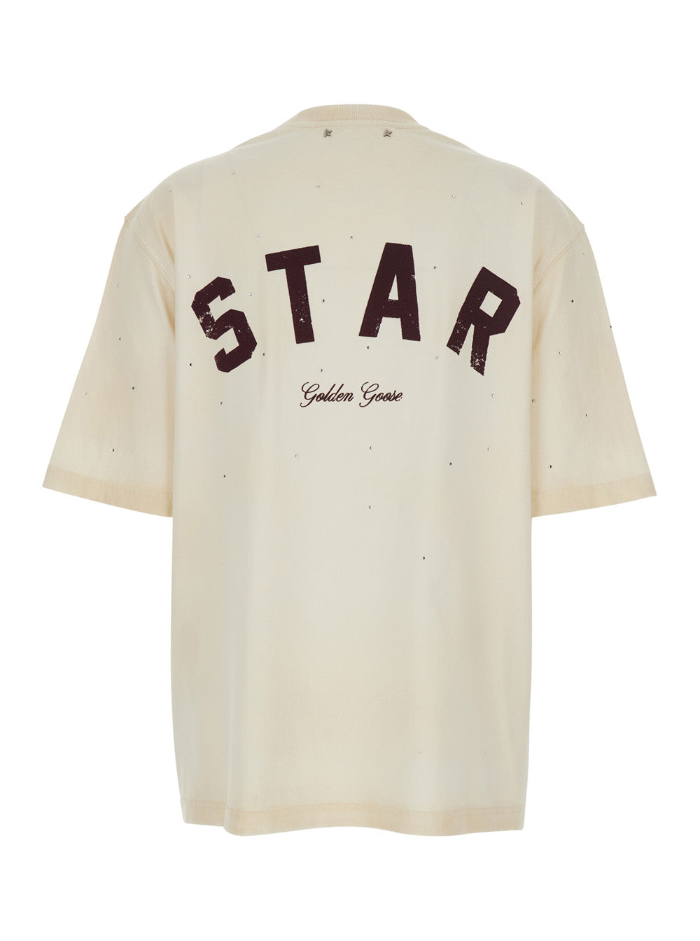 Golden Goose Women White Crew Neck T-Shirt With Rhinestone Decoration And Print On The Back In Cotton For Men