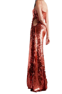 Valentino Garavani Ruched Cutout Sequined Silk Long Dress Brick Xb0Vddd52Up_H46