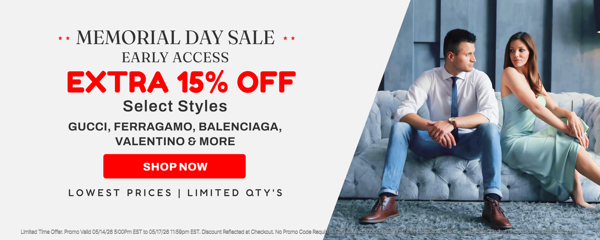 Memorial Day Sale advertisement with a couple sitting on a couch.