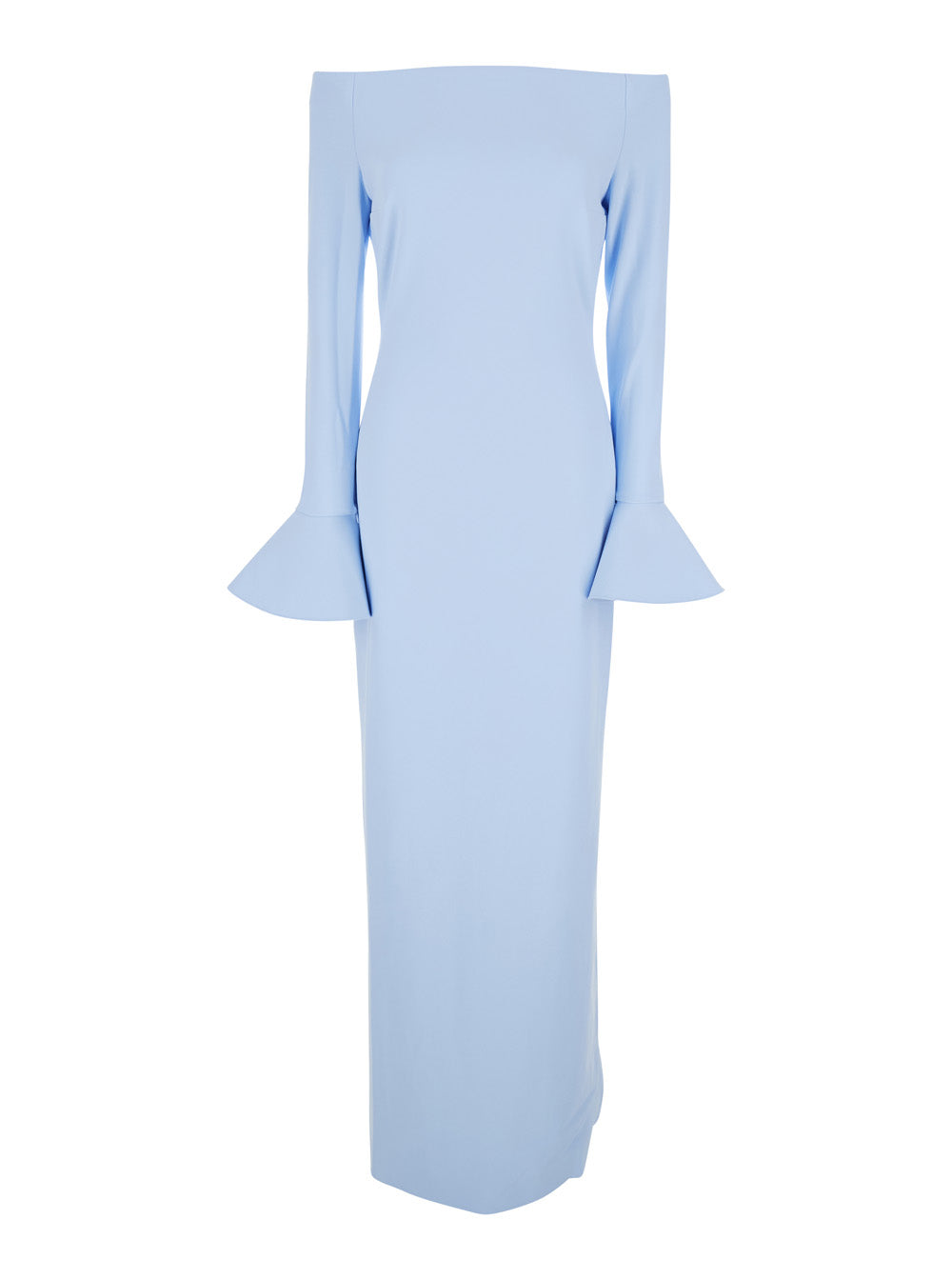 Solace London Women Long Dress 'Anica' With Bell Sleeves And Off Shoulder Design In Blue Stretch Tech Fabric For Women