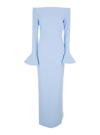 Solace London Women Long Dress 'Anica' With Bell Sleeves And Off Shoulder Design In Blue Stretch Tech Fabric For Women