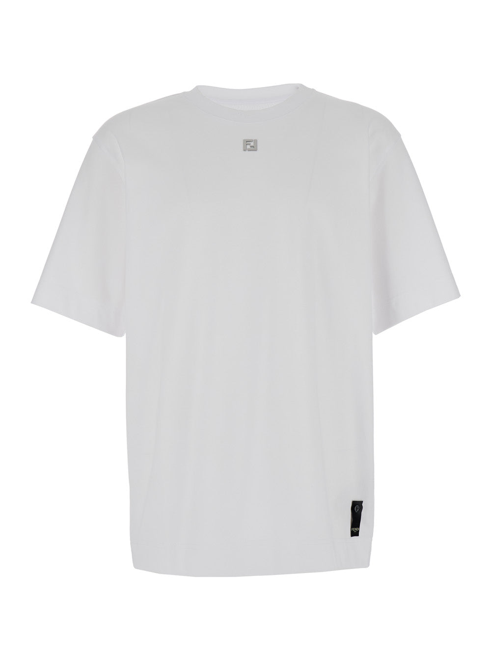 Fendi Men White Crew Neck T-Shirt With Ff Plate On The Front In Cotton For Men