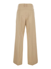 Moncler Women Michaela Beige Pants With Logo Patch On The Side And Pleats On The Front In Women's Cotton Blend