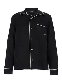 Amiri Men Black Long-Sleeved Shirt With Cuban Collar And Tone-On-Tone Floral Embroidery In Viscose For Men