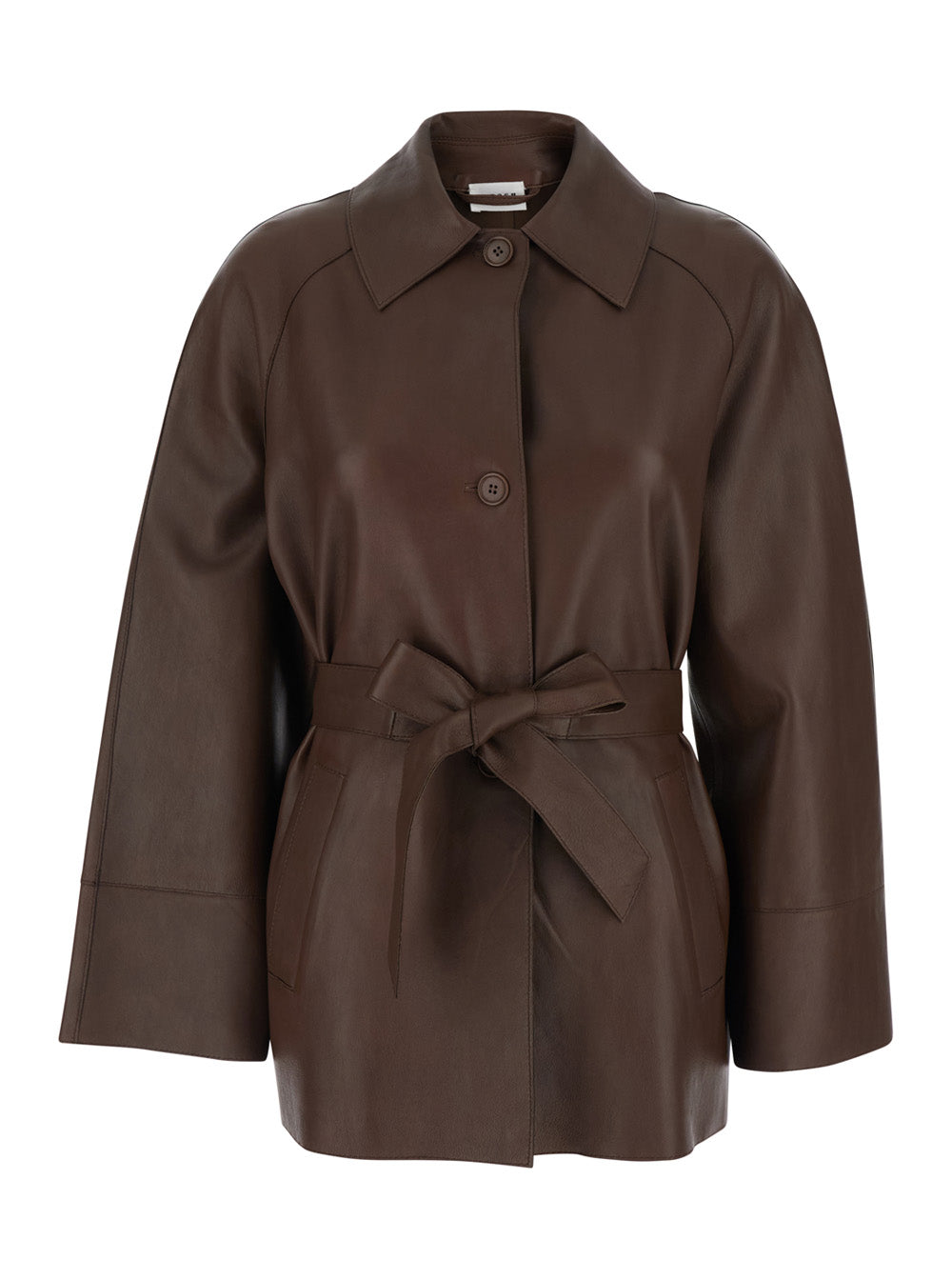 P.A.R.O.S.H. Women Brown Leather Jacket With Wide Collar And Front Belt For Women