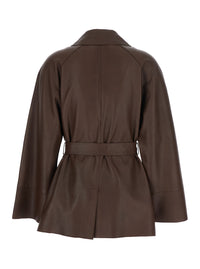 P.A.R.O.S.H. Women Brown Leather Jacket With Wide Collar And Front Belt For Women
