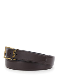 Saint Laurent Men Belt With Cassandre Plate On The Front And Adjustable Buckle Closure In Brown Leather For Men