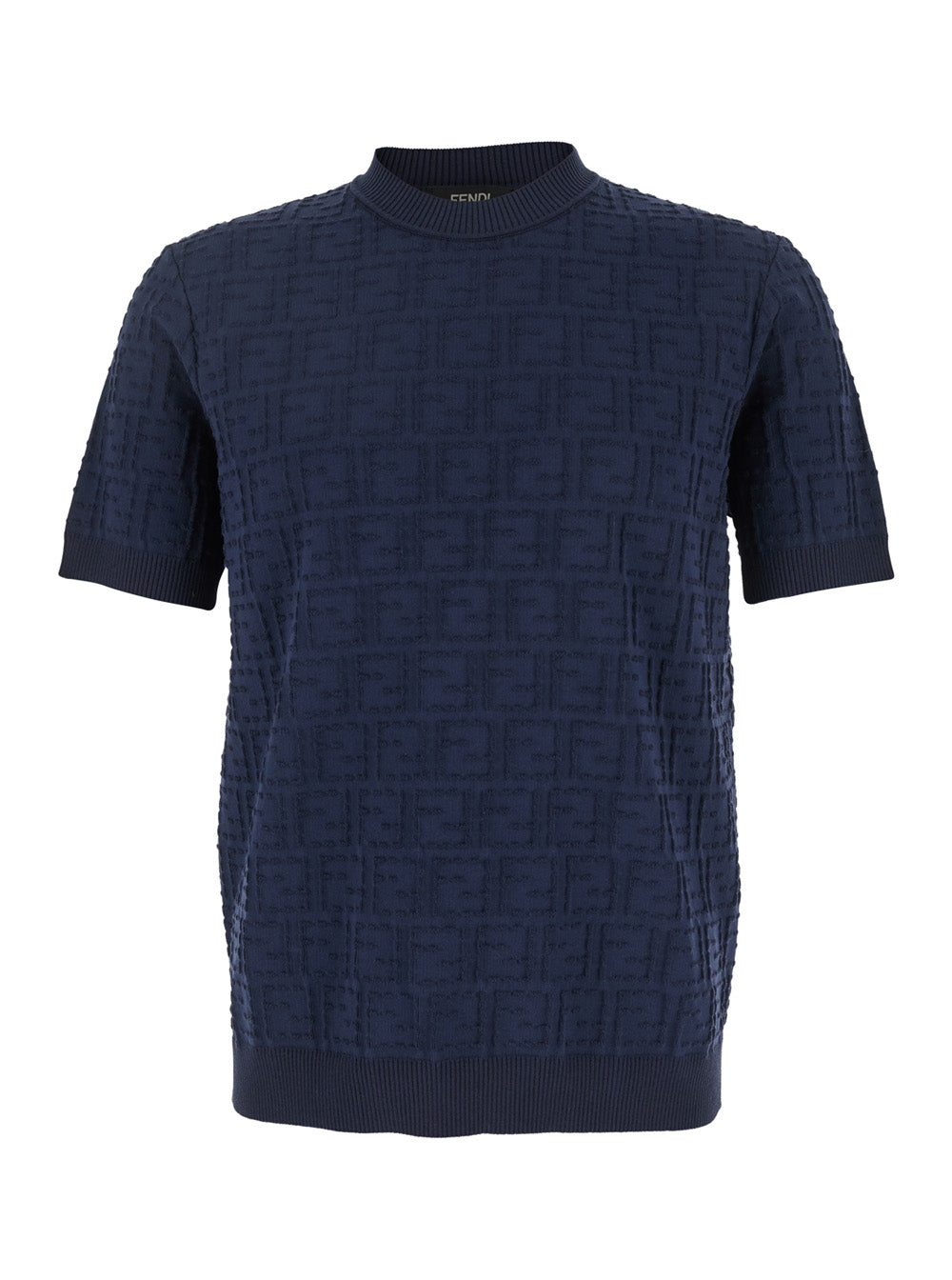 Fendi Men Blue T-Shirt With All-Over Ff Logo Embroidery In Cotton For Men