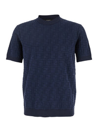 Fendi Men Blue T-Shirt With All-Over Ff Logo Embroidery In Cotton For Men