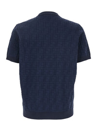 Fendi Men Blue T-Shirt With All-Over Ff Logo Embroidery In Cotton For Men