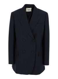 Fendi Women Blue Double-Breasted Jacket With Peak Revers And Pinstripe Motif In Wool Blend Women