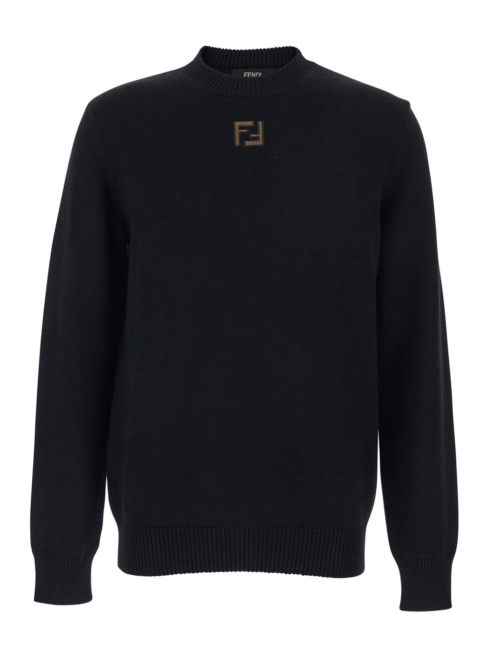 Fendi Men Black Crewneck Sweater With Ff Embroidery On The Front In Wool For Men
