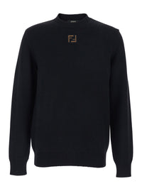 Fendi Men Black Crewneck Sweater With Ff Embroidery On The Front In Wool For Men