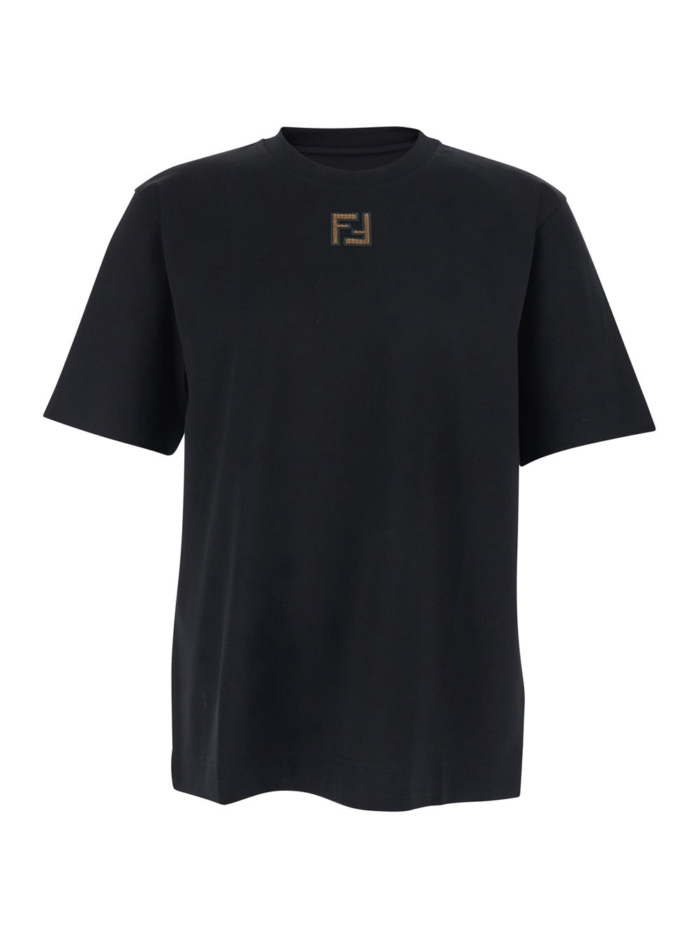 Fendi Men Black Crewneck T-Shirt With Ff Embroidery On The Front In Cotton Man