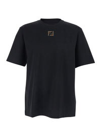 Fendi Men Black Crewneck T-Shirt With Ff Embroidery On The Front In Cotton Man