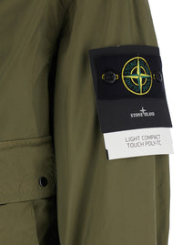 Stone Island Men Green Hooded Jacket With Buttons And Logo Patch On Sleeve In Tech Fabric For Men