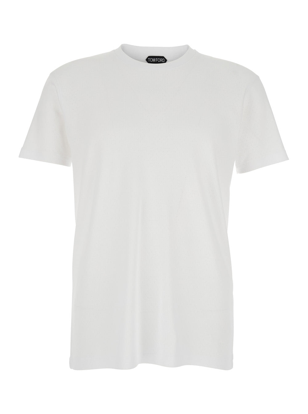 Tom Ford Men White Crew Neck T-Shirt With Logo Embroidery On The Front And Perforated Design In Cotton For Men