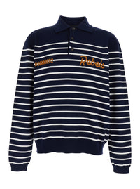 Dsquared2 Men Blue Long Sleeve Polo Shirt With Logo Embroidery On The Front And All-Over Stripe Motif In Cotton For Men