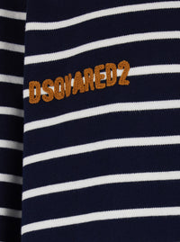 Dsquared2 Men Blue Long Sleeve Polo Shirt With Logo Embroidery On The Front And All-Over Stripe Motif In Cotton For Men
