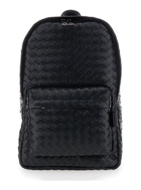 Bottega Veneta Men Black Backpack With Adjustable Straps And Leather Intreccio Motif For Men