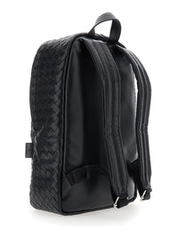 Bottega Veneta Men Black Backpack With Adjustable Straps And Leather Intreccio Motif For Men