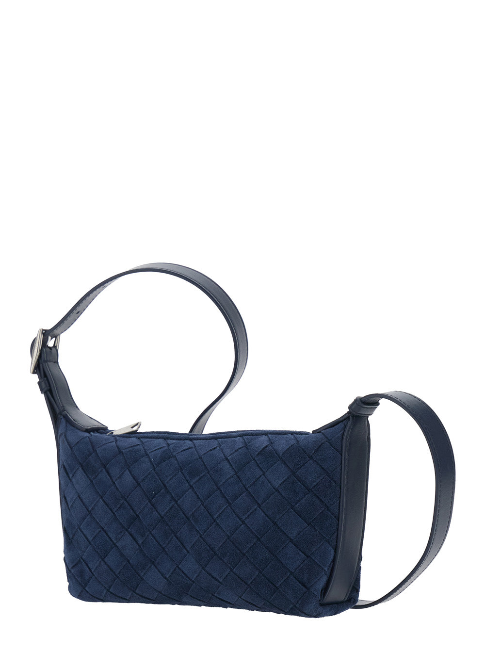 Bottega Veneta Men Blue Crossbody Bag With Adjustable Strap And Intreccio Motif In Suede For Men