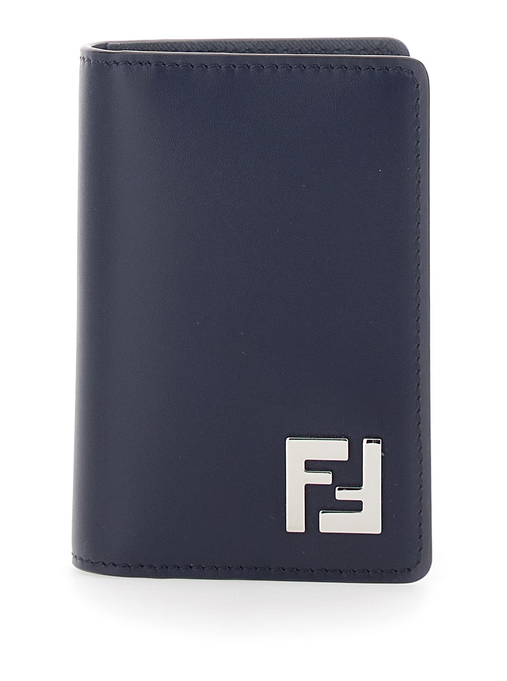Fendi Men Blue Leather Card Holder With Ff Logo Plate On The Front For Men