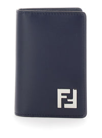 Fendi Men Blue Leather Card Holder With Ff Logo Plate On The Front For Men