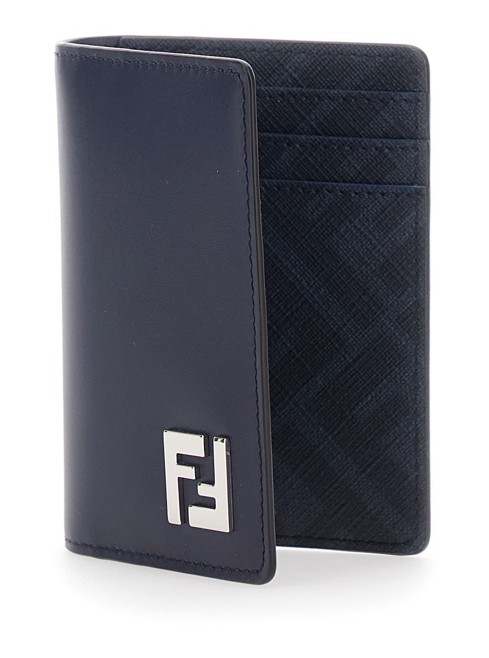 Fendi Men Blue Leather Card Holder With Ff Logo Plate On The Front For Men