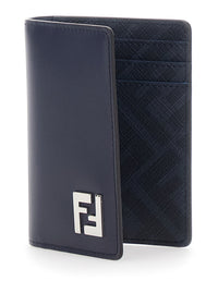 Fendi Men Blue Leather Card Holder With Ff Logo Plate On The Front For Men