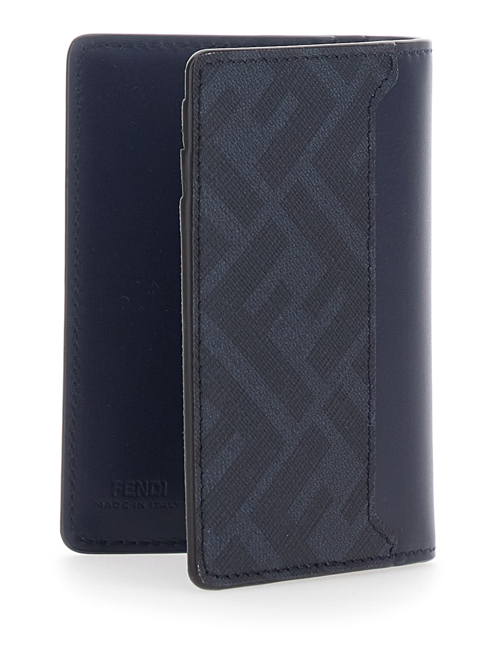 Fendi Men Blue Leather Card Holder With Ff Logo Plate On The Front For Men