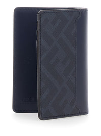 Fendi Men Blue Leather Card Holder With Ff Logo Plate On The Front For Men