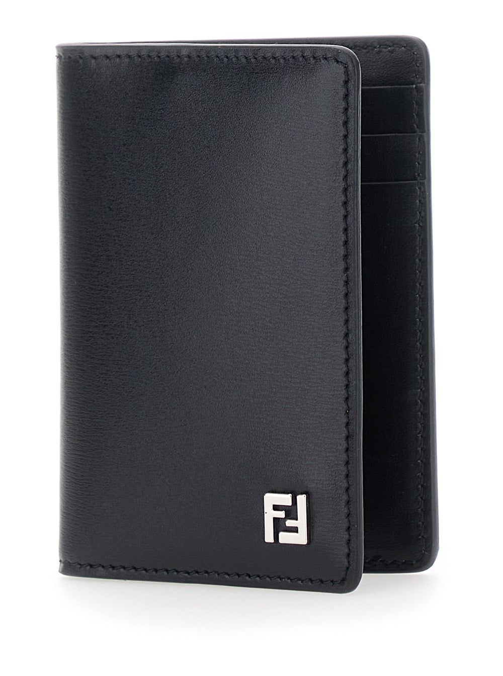 Fendi Men Black Card Holder With Ff Logo Plate On The Front And Rectangular Design In Leather Man