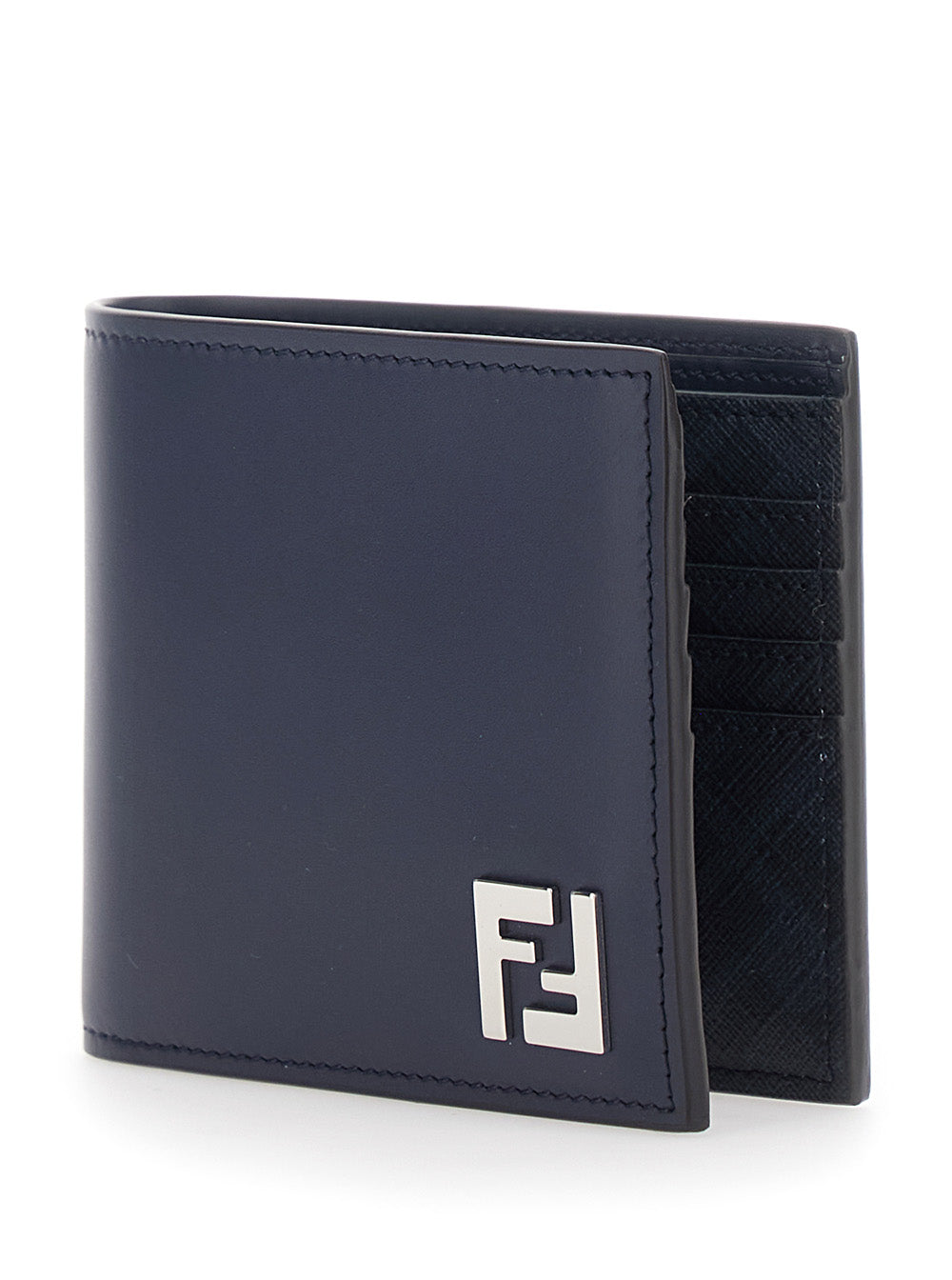 Fendi Men Blue Bi-Fold Wallet With Ff Plate On The Front In Leather For Men